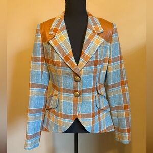 Smythe Blue Rust Plaid Wool Hunting Blazer Leather Elbow Patch NWT Sz 4